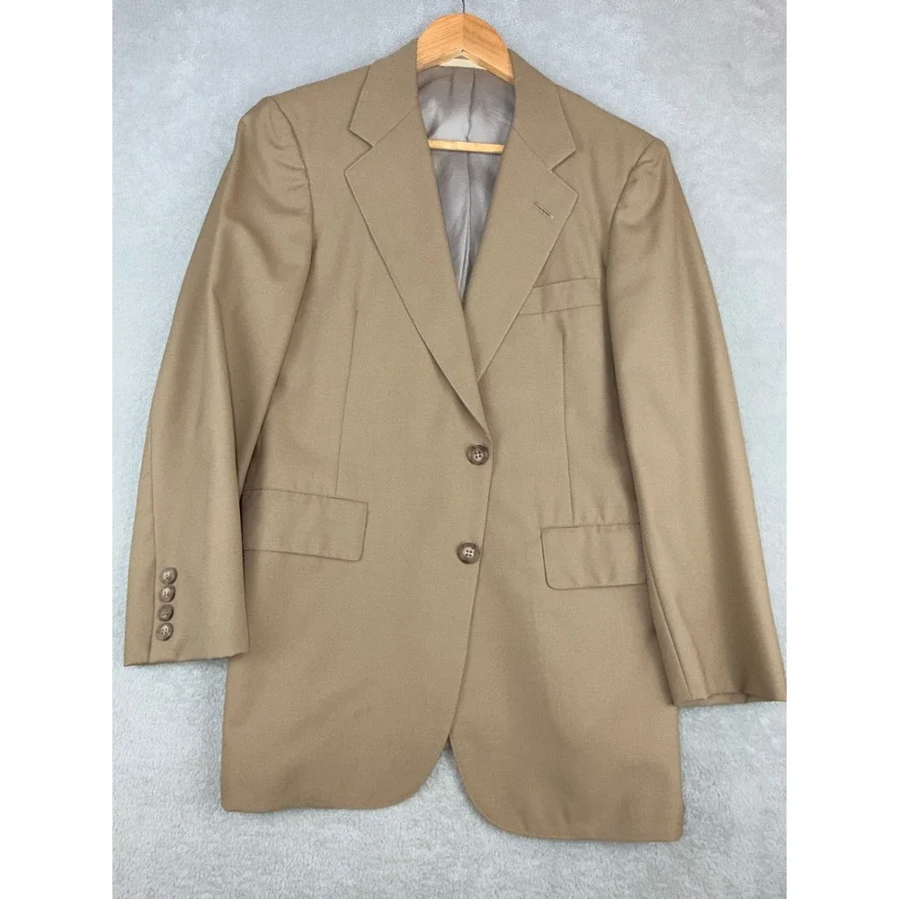 Men's‎ Tan Wool Suit 36S Jacket 2-Button Blazer Flat Front Pants 30X26 EUC